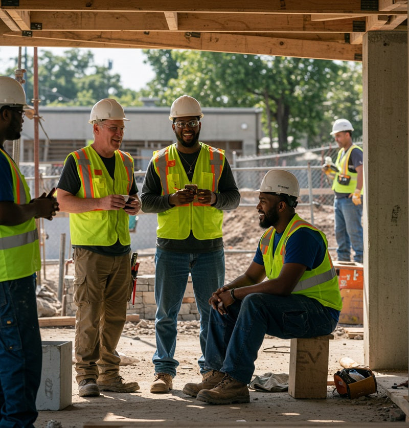Construction crew on job site having conversation