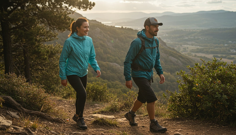 A man and woman with hiking boots and shoes on at the top of a mountain with valley in the background