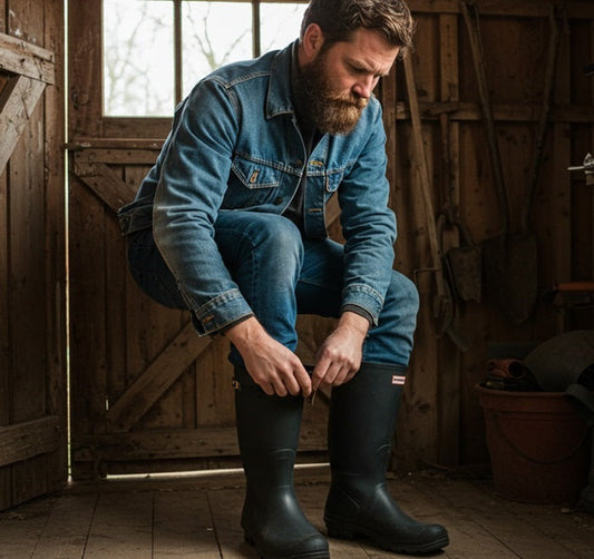 Man in shed putting on new pair of Chinook Footwear rubber boots
