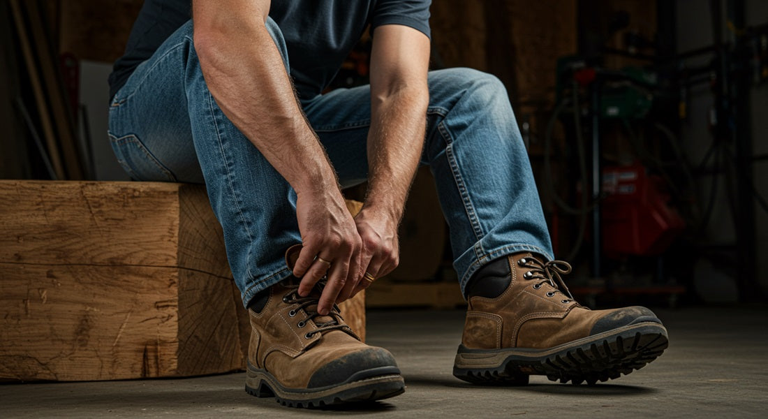 Man putting on work boots sitting on wooden box