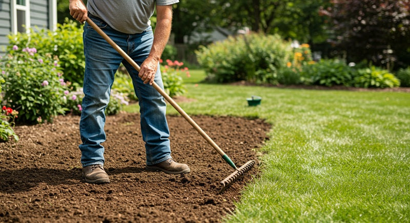 Man in work boots landscaping lawn with bushes and plants in background