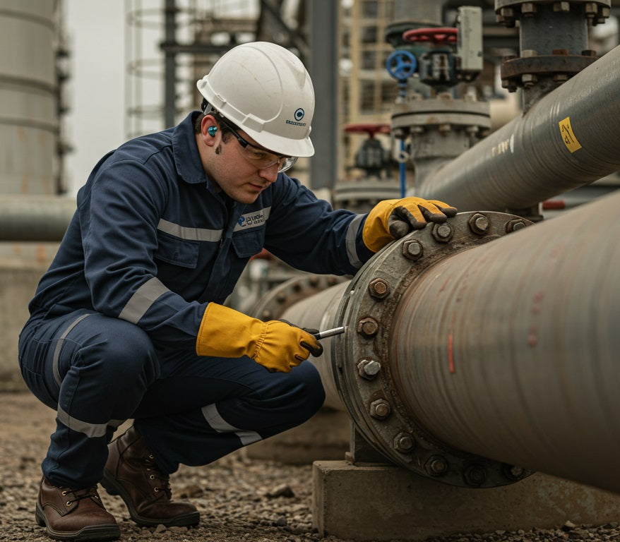 man on oil rigging site working on pipeline with work boots on