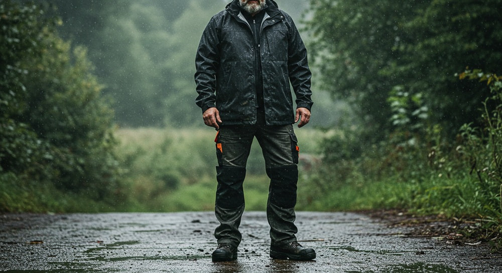 Man in Chinook Footwear waterproof work boots standing outdoors in front of trees and field
