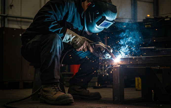 male welder working on project with steel toe work boots on