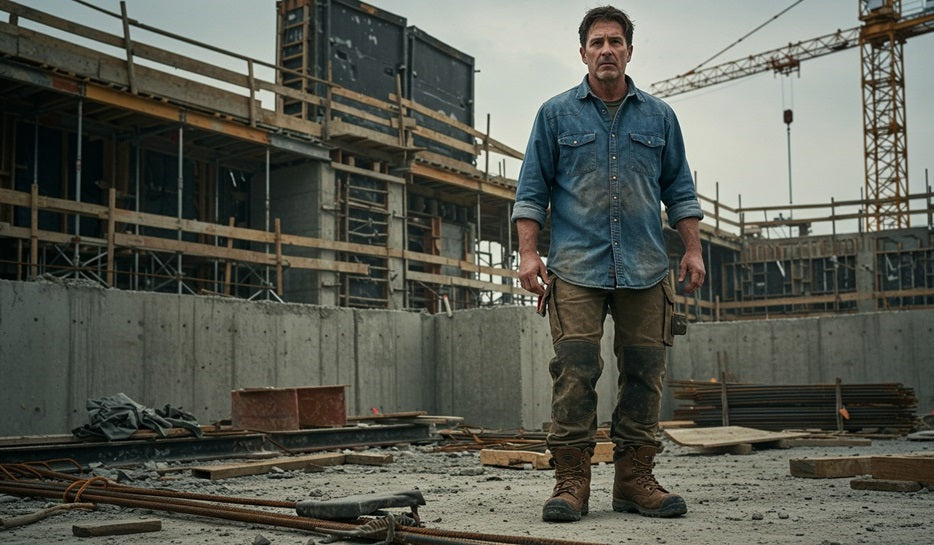 Man standing on construction job site with leather work boots on