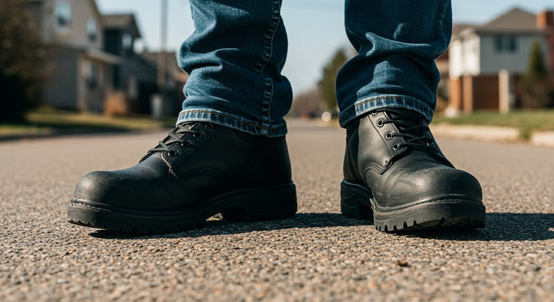 Man in Black work boots standing on concrete pavement
