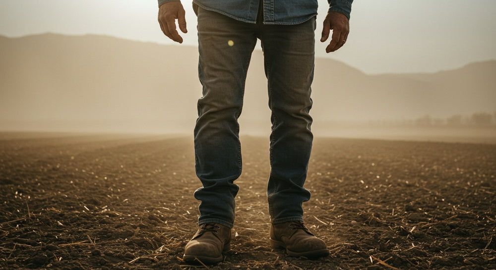 Man with work boots on standing in field with dust behind him
